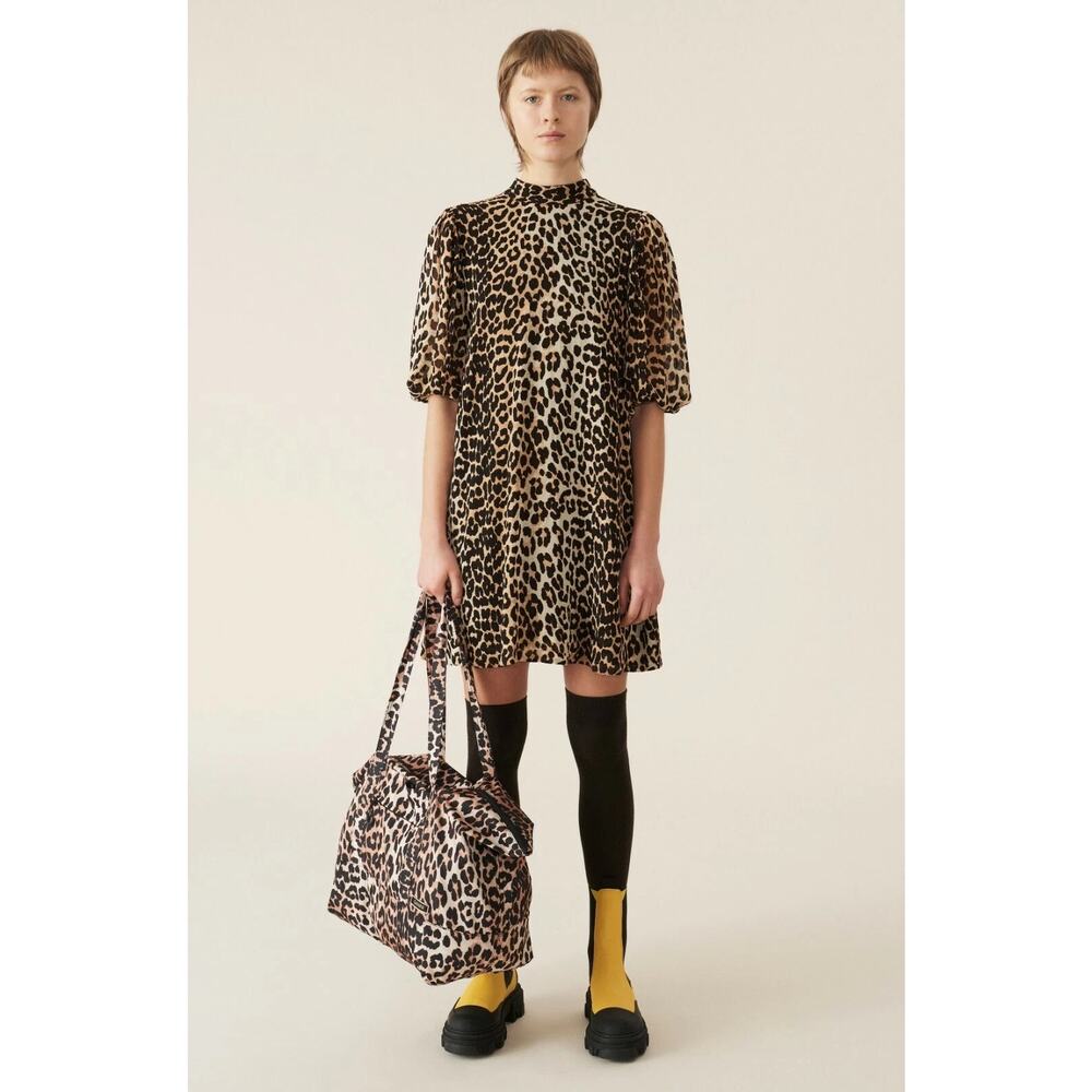 GANNI NWT Leopard Georgette Smock Mini Dress Mock Neck Oversized 38 US 6